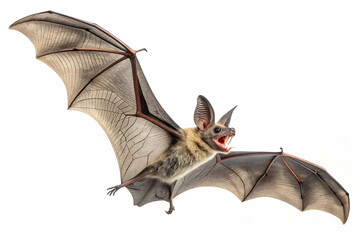 A bat with outstretched wings, displaying its intricate wing structure and sharp features, appears in mid-flight against a white background.