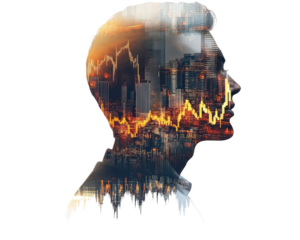 Double exposure of a businessman with city skyline and graph overlay.