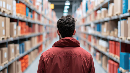 Obraz premium person in red jacket stands in warehouse aisle surrounded by boxes, contemplating logistics and inventory management. atmosphere is focused and organized