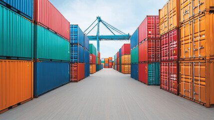 Fototapeta premium Colorful shipping containers stacked in port, creating vibrant industrial scene. arrangement showcases various colors and textures, emphasizing global trade and logistics