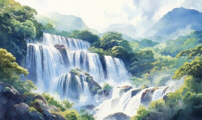 Naklejka premium Watercolor Shifen Taiwan Waterfalls National Park Beautiful waterfalls, abundant, many foreigners come to visit