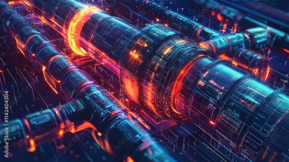 Poster A futuristic visual of a digital pipeline illustrating SaaS and automation transforming industries, with tech-inspired visuals and room for copy space