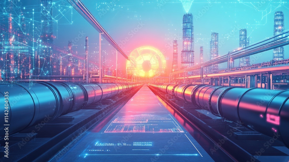 Poster A futuristic visual of a digital pipeline illustrating SaaS and automation transforming industries, with tech-inspired visuals and room for copy space