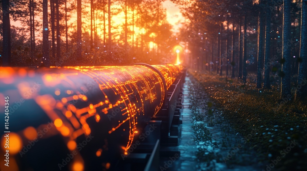Poster A futuristic visual of a digital pipeline illustrating SaaS and automation transforming industries, with tech-inspired visuals and room for copy space