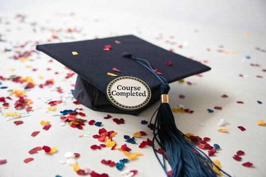 graduation hat with course completion badge