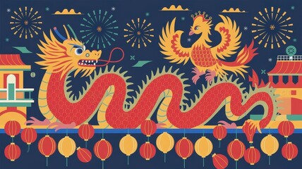 A vibrant illustration featuring a dragon and a phoenix amidst fireworks, symbolizing celebration and harmony in a festive setting.