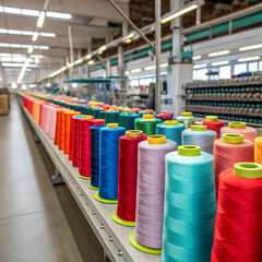 Spools of thread neatly arranged in rows, showcasing a variety of vibrant