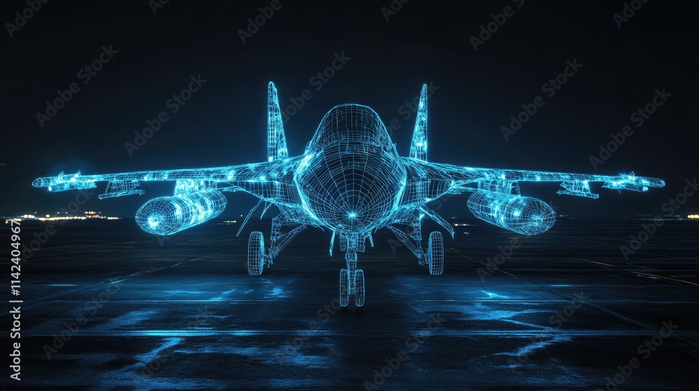 Poster a glowing wireframe fighter jet displayed on a dark tarmac, with blue light illuminating the intrica