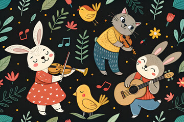 A whimsical illustration featuring cute animals playing musical instruments surrounded by colorful flora and cheerful notes.