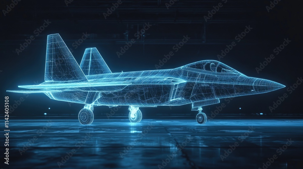 Poster a glowing wireframe fighter jet displayed on a dark tarmac, with blue light illuminating the intrica