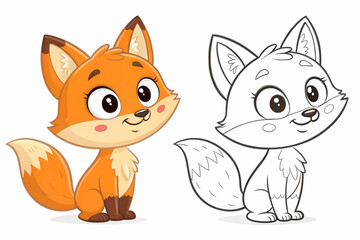 Obraz premium A cute cartoon fox is shown in color alongside a black-and-white outline version, perfect for coloring activities or illustrations.