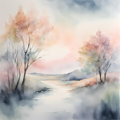 A serene watercolor landscape featuring soft pastel trees and a gentle river, evoking tranquility and beauty, perfect for home decor and artistic projects.