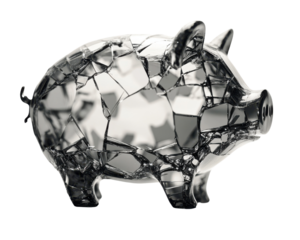 Broken glass piggy bank, symbolizing shattered savings and financial struggles.