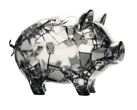Broken glass piggy bank, symbolizing shattered savings and financial struggles. - Powered by Adobe