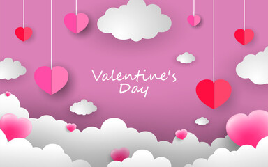 Happy Valentine's Day background, beautiful paper cut clouds with 3d red hearts in the background. Vector illustration.