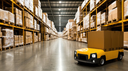 Efficient warehouse with yellow delivery vehicle among stacked boxes, showcasing organized logistics and supply chain management