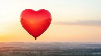 Obraz premium Valentine true love. Heart-shaped balloon floating at sunset over landscape.