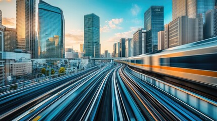 A high-speed rail system cutting through a modern cityscape, with elevated tracks and sleek trains in motion