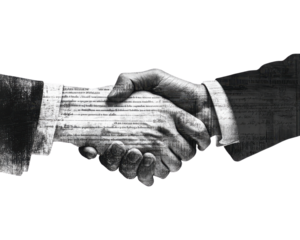 Two hands shaking in agreement, symbolizing partnership and collaboration.