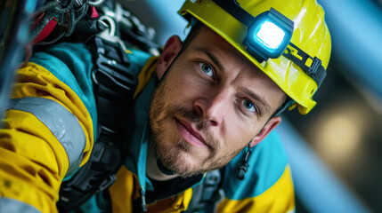 Obraz premium Offshore wind turbine maintenance worker in safety gear, focused and determined. bright helmet light illuminates surroundings