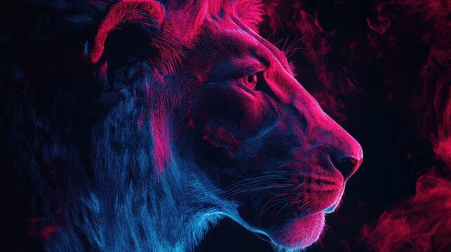 Majestic lion portrait with vibrant neon lighting. Generative AI image