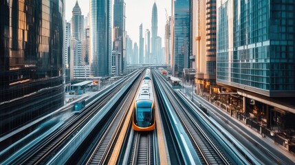 Obraz premium A high-speed rail system cutting through a modern cityscape, with elevated tracks and sleek trains in motion