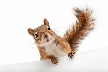 A curious squirrel peeks over a white surface, showcasing its fluffy tail and expressive face.