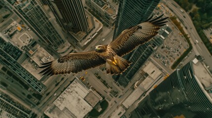 Majestic Eagle Soaring Above Urban Landscape, Capturing the Contrast Between Nature and Modern Architecture in a Dynamic Aerial Perspective