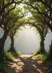 Overhead natural archway formed by intertwining tree branches, forest floor, foliage, tree