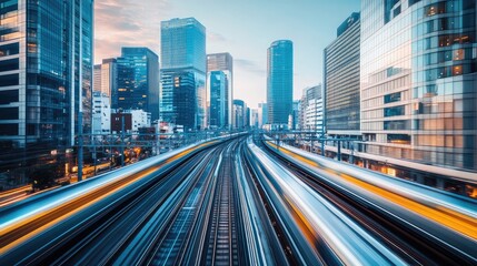 Obraz premium A high-speed rail system cutting through a modern cityscape, with elevated tracks and sleek trains in motion