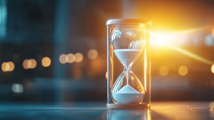 Financial peace planning. Hourglass glowing with light and flowing sand particles.