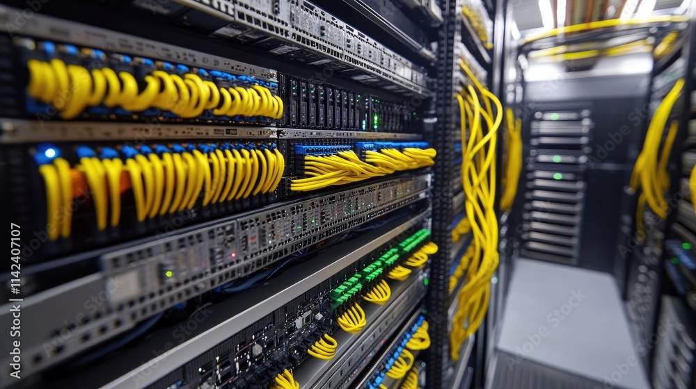 Poster A high-tech server room with storage arrays and fiber optic cables, emphasizing high-performance data transfer, featuring space for copy text
