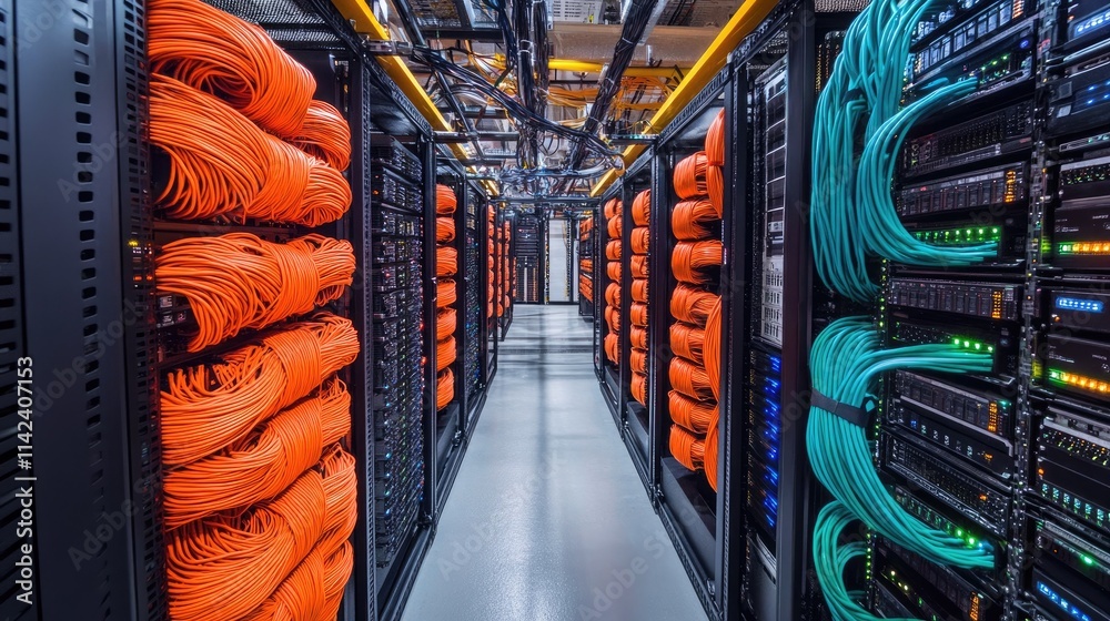 Poster A high-tech server room with storage arrays and fiber optic cables, emphasizing high-performance data transfer, featuring space for copy text
