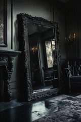 Ornate dark mirror reflects room, dark furniture.
