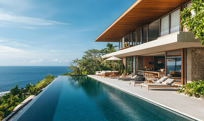 Fototapeta premium Modern villa with infinity pool overlooking the ocean in a tropical setting.