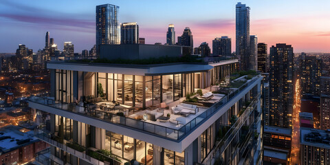 Obraz premium Modern high-rise building with rooftop amenities overlooking a city skyline at sunset.