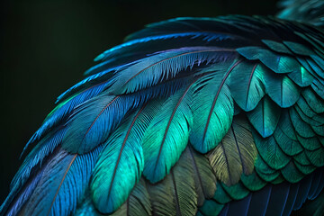 Obraz premium A vibrant close-up of iridescent bird feathers showcasing stunning shades of blue and green in a dark background.