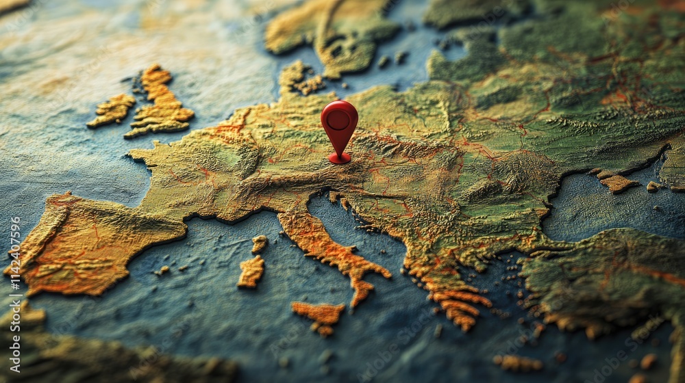 Poster a map showing an entire country, with a red pin marking a key spot, emphasizing travel or geographic