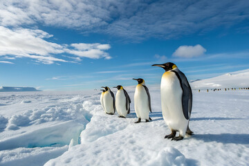 Obraz premium A group of emperor penguins standing on ice against a backdrop of blue skies and clouds, showcasing their distinctive black and white feathers.