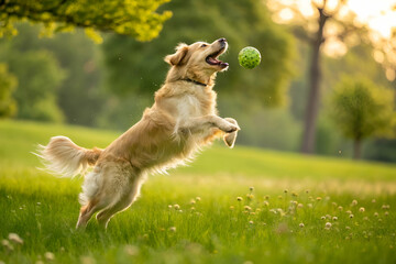 A joyful golden retriever leaps in a sunlit field to catch a green ball, showcasing playful energy and a vibrant outdoor atmosphere.