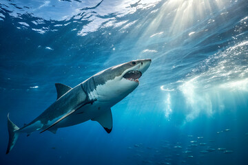 Naklejka premium A majestic shark swims gracefully beneath the ocean surface, illuminated by rays of sunlight filtering through the water.