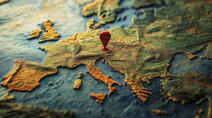 A map showing an entire country, with a red pin marking a key spot, emphasizing travel or geographical exploration with clear roads and cities.