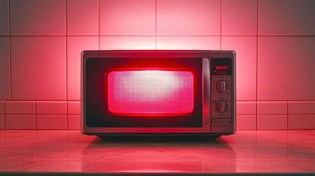 Modern microwave oven with a glowing red interior and sleek design, positioned on a white countertop against a tiled background, perfect for culinary and kitchen themes.