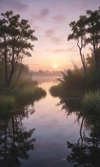 Peaceful landscape of the everglades at dawn with soft pastel colors, water reflection, Florida