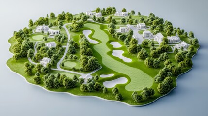 Detailed Golf Course Landscape Blueprint with Irrigation System, Photorealistic Design Showing Fairways, Bunkers, and Water Hazards