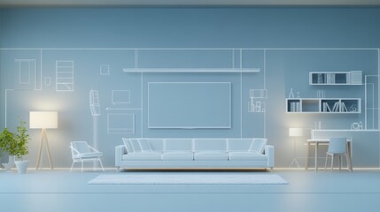 Modern Living Room Interior Design Blueprint with Minimalist Style and Ambient Lighting Configurations for Comfort and Elegance, Photorealistic Rendering
