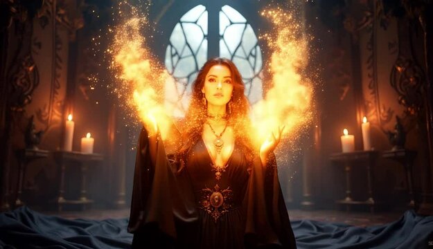 Enchanting sorceress conjures fire in a dark fairytale setting surrounded by candles