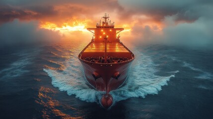 Fototapeta premium Cargo ship navigating through stormy waters at sunset.