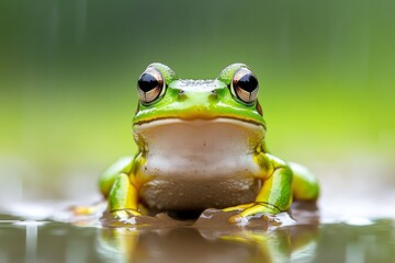 Obraz premium A bright green frog sitting in a mud puddle, its curious eyes peeking out as raindrops create ripples around it
