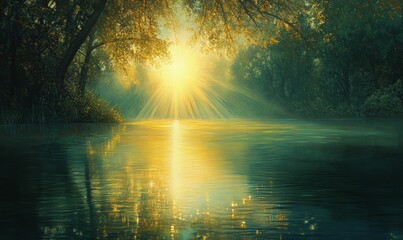 Fototapeta premium Sun rays illuminate tranquil river, autumn foliage.
